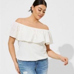 NEW! TORRID Cotton Jersey Off the Shoulder Banded Bottom Ivory Eyelet Top 5X NWT